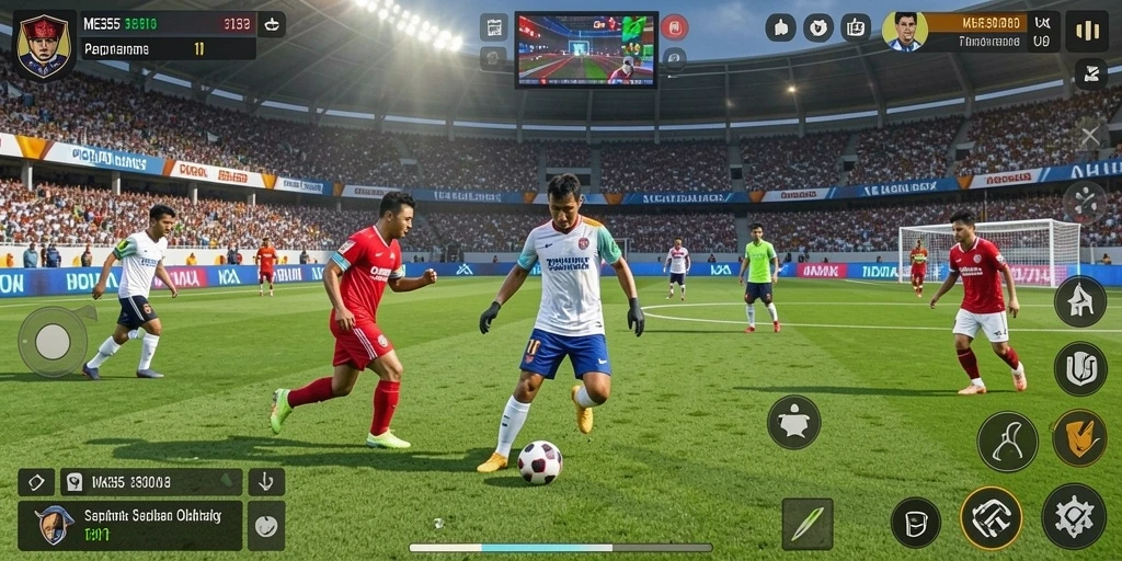 Tampilan gameplay ME355 dengan aksi sepak bola yang mendebarkan.