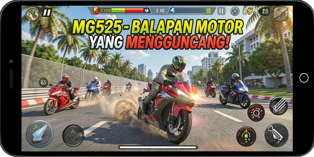 Tangkapan layar MG525 menampilkan balapan motor yang mendebarkan dan penuh aksi.