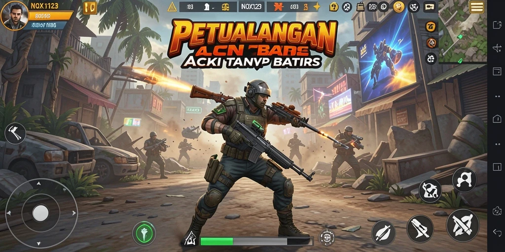 Tampilan intens dari gameplay aksi NOX123 yang mendebarkan.