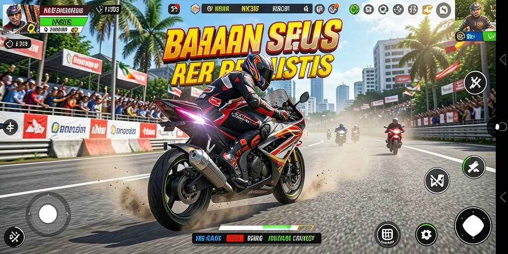 Screenshot NX303 menampilkan balapan motor yang intens dan grafis yang menawan.