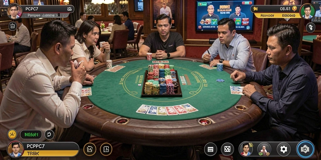 Tampilan gameplay PCPC7 yang seru dengan berbagai aksi poker.