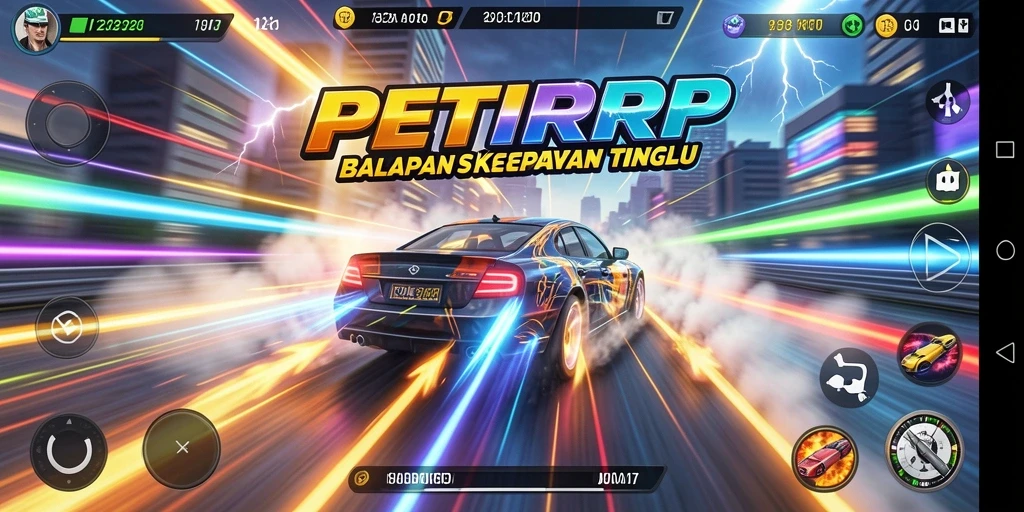 Screenshot utama PETIRRP menunjukkan mobil balap melaju kencang di jalur yang menantang.