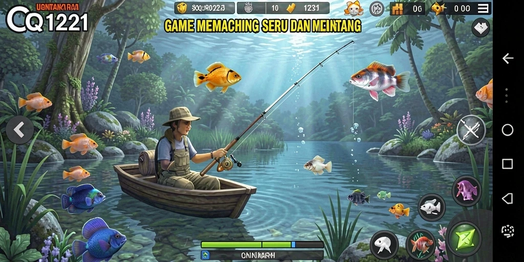 Screenshot gameplay QQ1221 menampilkan suasana memancing yang seru.