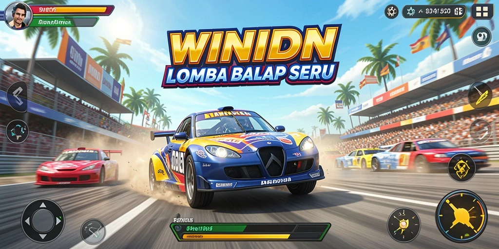 Screenshot gameplay WINIDN menunjukkan aksi balap yang mendebarkan.