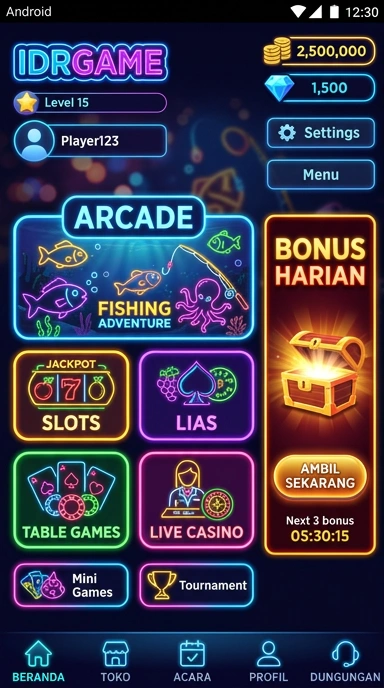Tampilan beranda aplikasi idrgame yang menarik dan informatif.